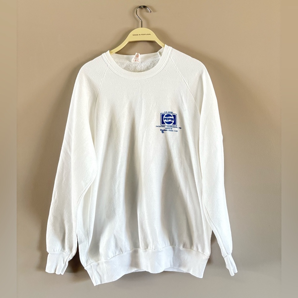 80s Pepsi White Crewneck Sweater with Ribbed Cuffs